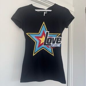 LOVE MOSCHINO BLACK SEQUIN STAR FITTED T-SHIRT T SHIRT SIZE 2 XS